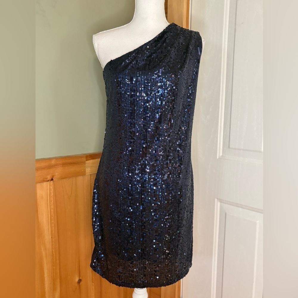 Express Navy Blue Sequin One Shoulder Dress size Small NWOT